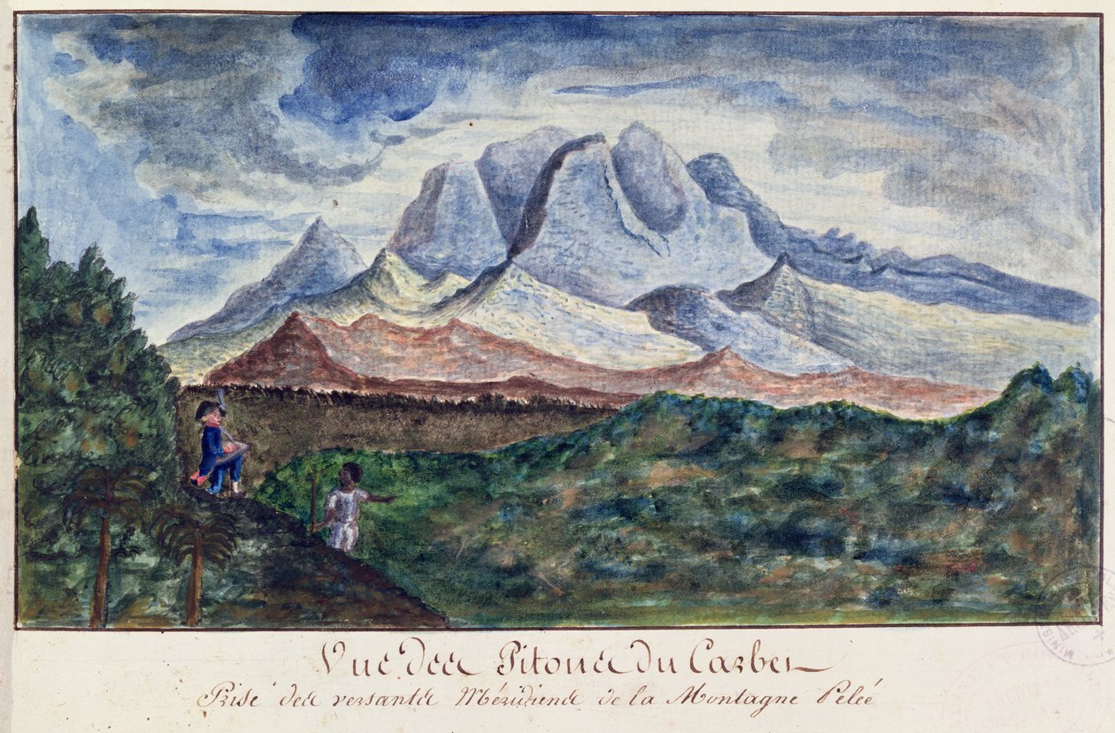 マルティニーク島のペレ山からのピトンデュカルベの眺め、1815年頃（紙に水彩） 作： モロー・ド・ジョーンズ