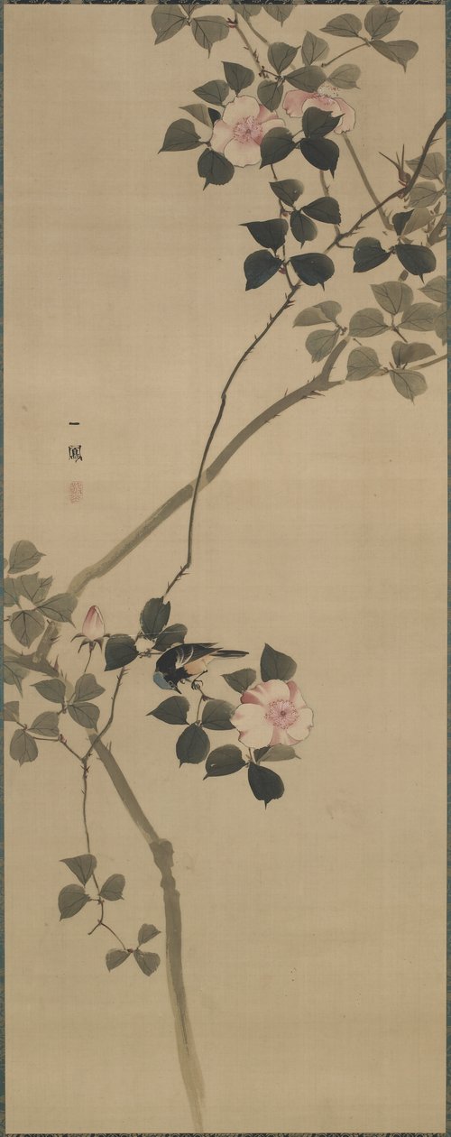 野バラと鳥、江戸時代、1615年〜1868年（絹の色） 作： 森一歩