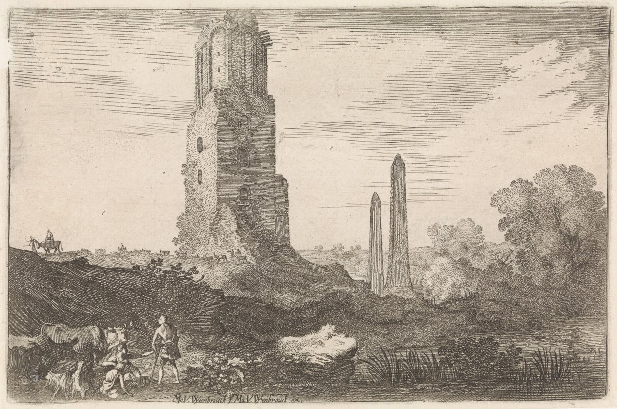 2 つのオベリスクと「Torre delle Militia」のある風景 アルカディアの風景（シリーズタイトル） 作： Moyses van Wtenbrouck