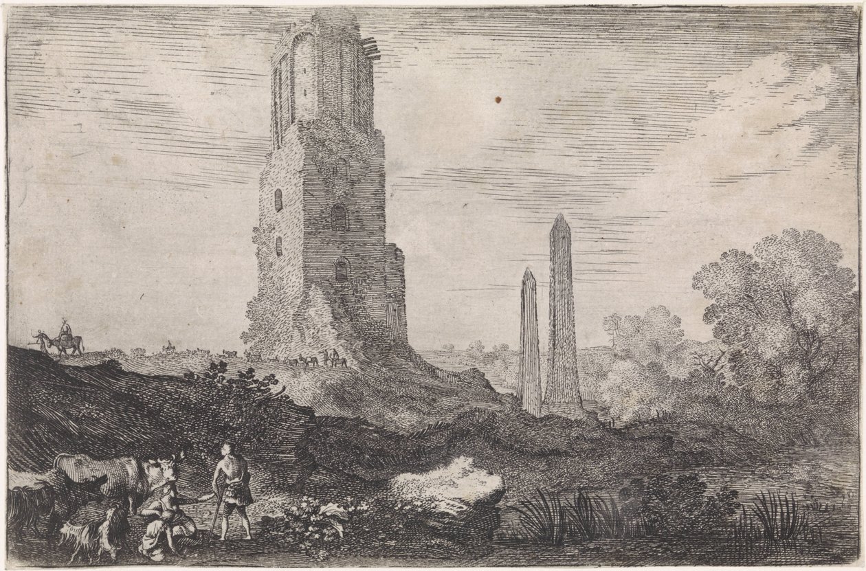 2 つのオベリスクと「Torre delle Militia」のある風景 アルカディアの風景 (連載タイトル) 作： Moyses van Wtenbrouck