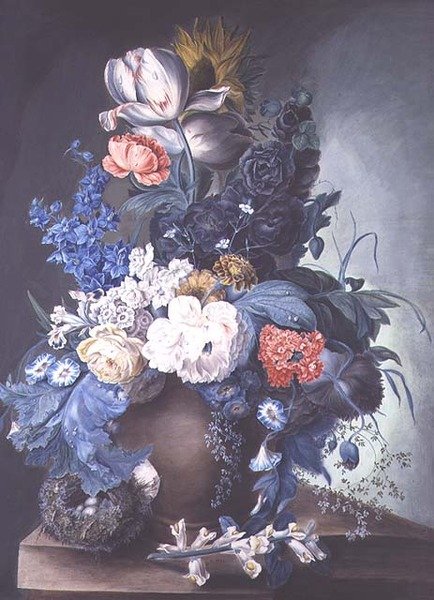 瓶の中の花と鳥の巣のグループ 作： マーガレット・ミーン夫人