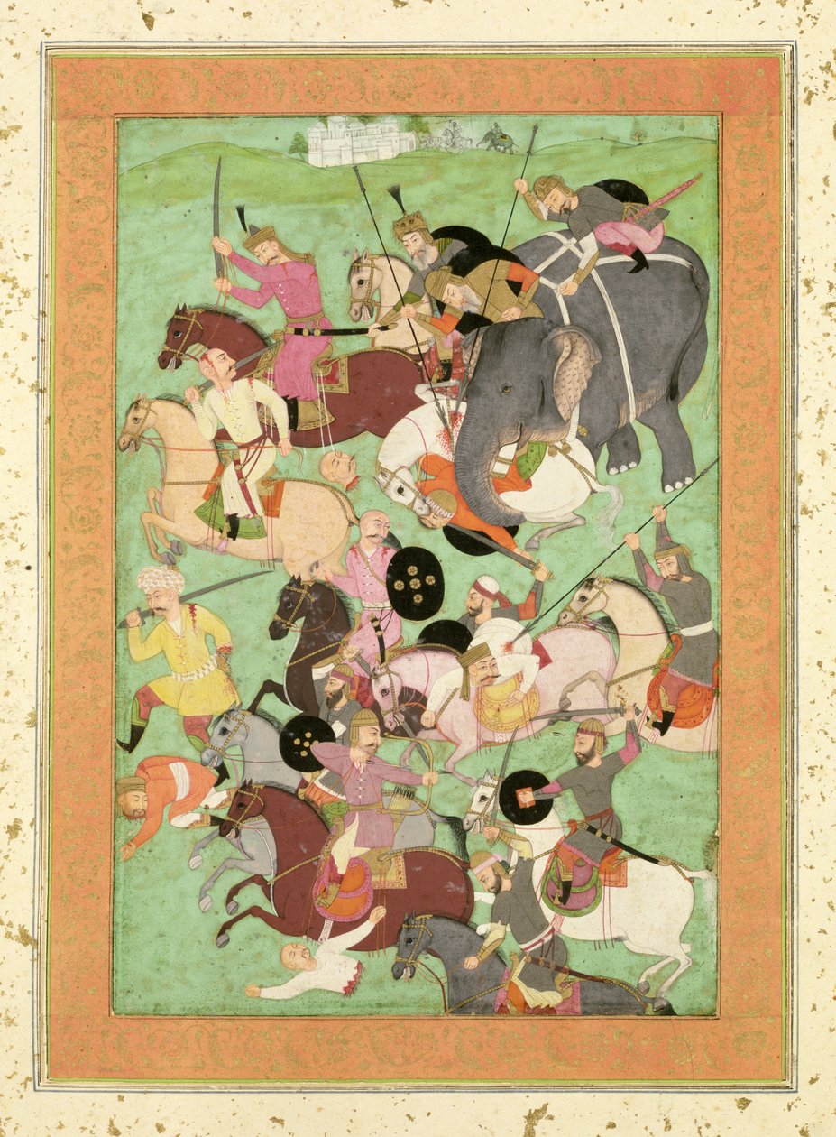 イラン軍とトゥラン軍の戦い、17世紀半ばのラージクライヴアルバム「シャーナマ」のイラスト（紙、金、革） 作： ムガル学校