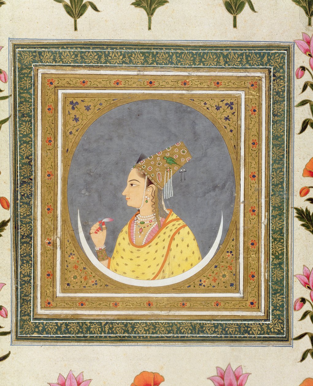 小さなクライブアルバム、c.1750-60から、蓮の花びらを持つ女性の肖像画 作： ムガル学校