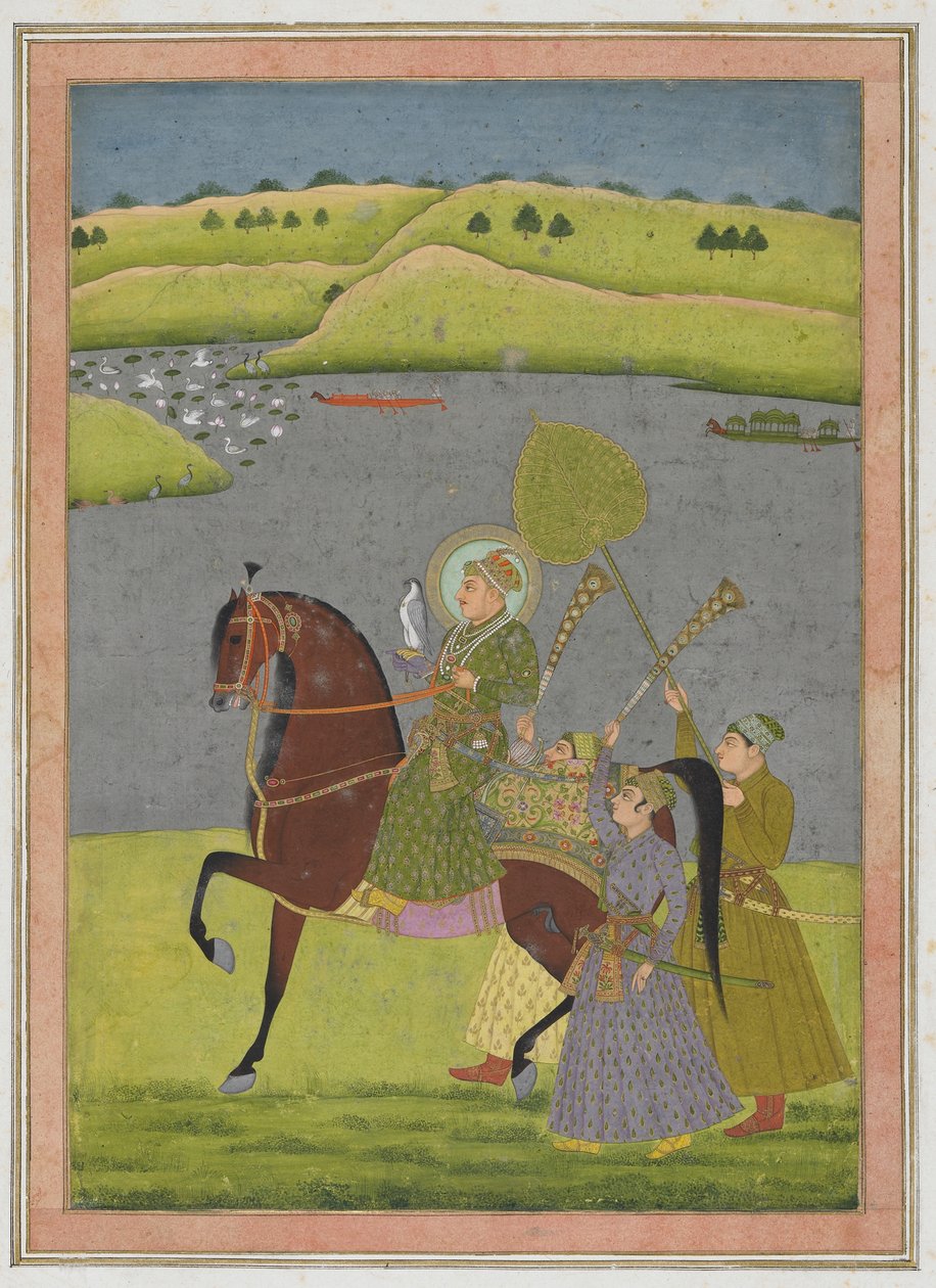 インピーアルバムのムハンマドシャーの乗馬の肖像画、分離された原稿のフォリオ、c.1730（不透明な水彩画と紙の上の金） 作： ムガル学校