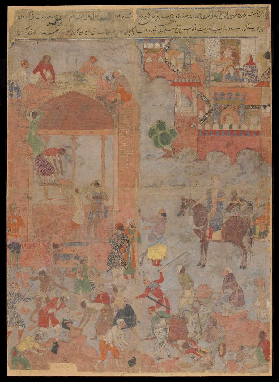 Anushirvanは、縁起の良い時間にCtesiphonの基礎を築きました、原稿のフォリオ、c.1560-1565（布に不透明な水彩画、インク、金、板紙に取り付け） 作： ムガル学校