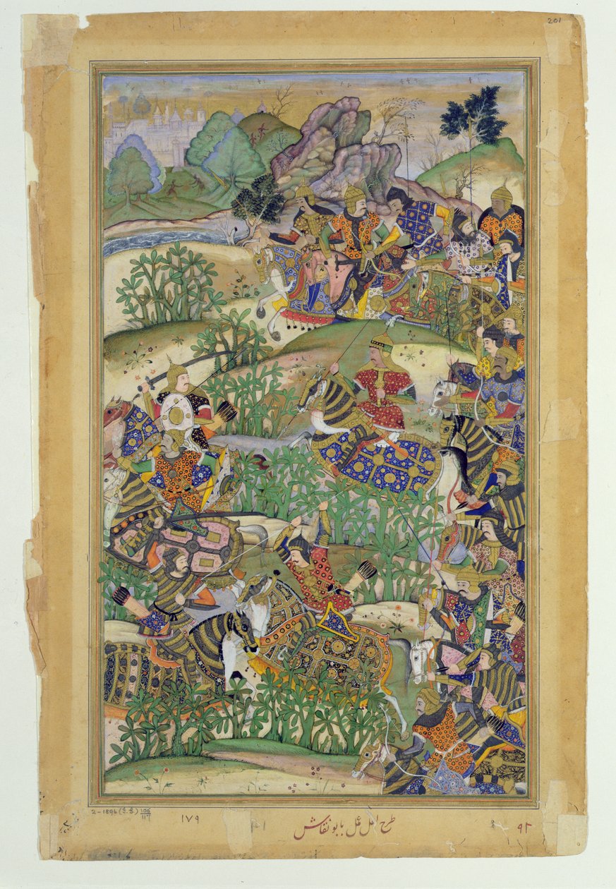 1572年のサマルの戦いでのアクバル皇帝（r.1556-1605）、1590-98年のアブールファジ作のアクバルナマ（不透明なトイレと紙の上の金） 作： ムガル学校