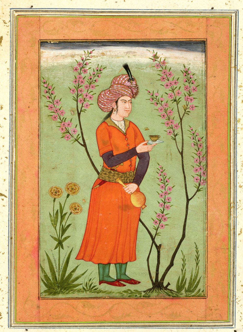 ラージクライブアルバムのカップとフラスコを保持しているイランの王子の姿、1640年頃 作： ムガル学校