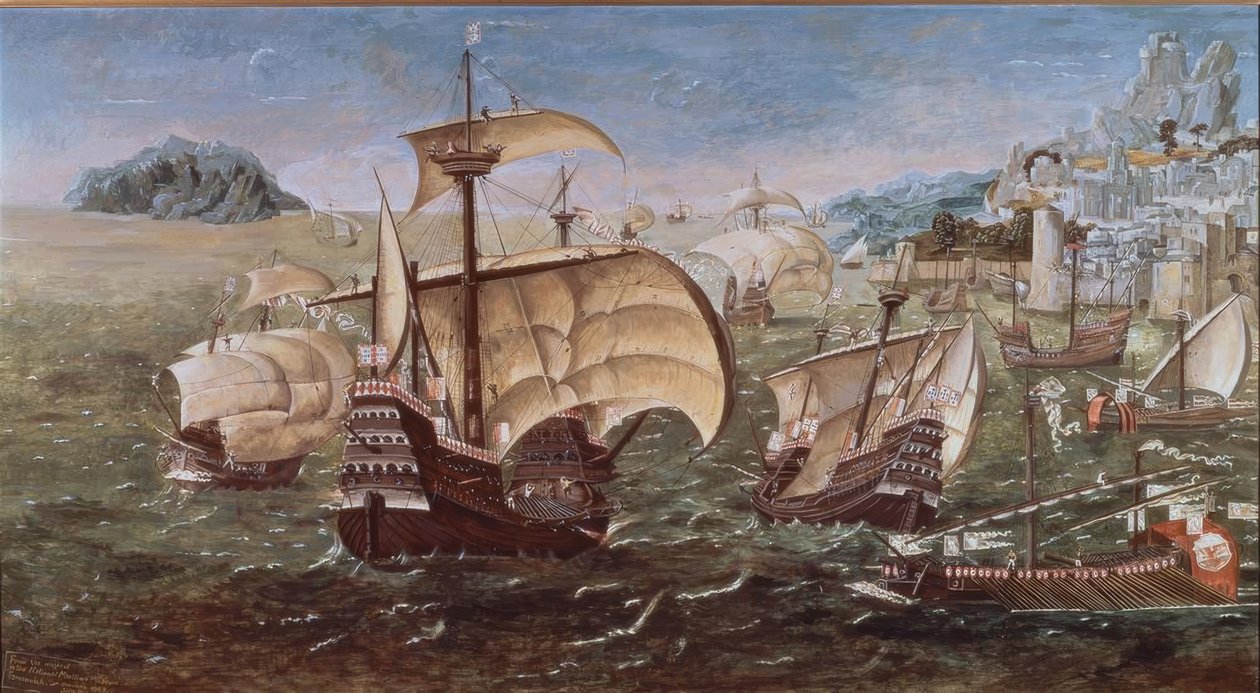 岩場に浮かぶポルトガル船 - 16世紀 - O / L - 78 × 144 - グリニッジ美術館所蔵の原画のコピー 作： マンデー・ジョン