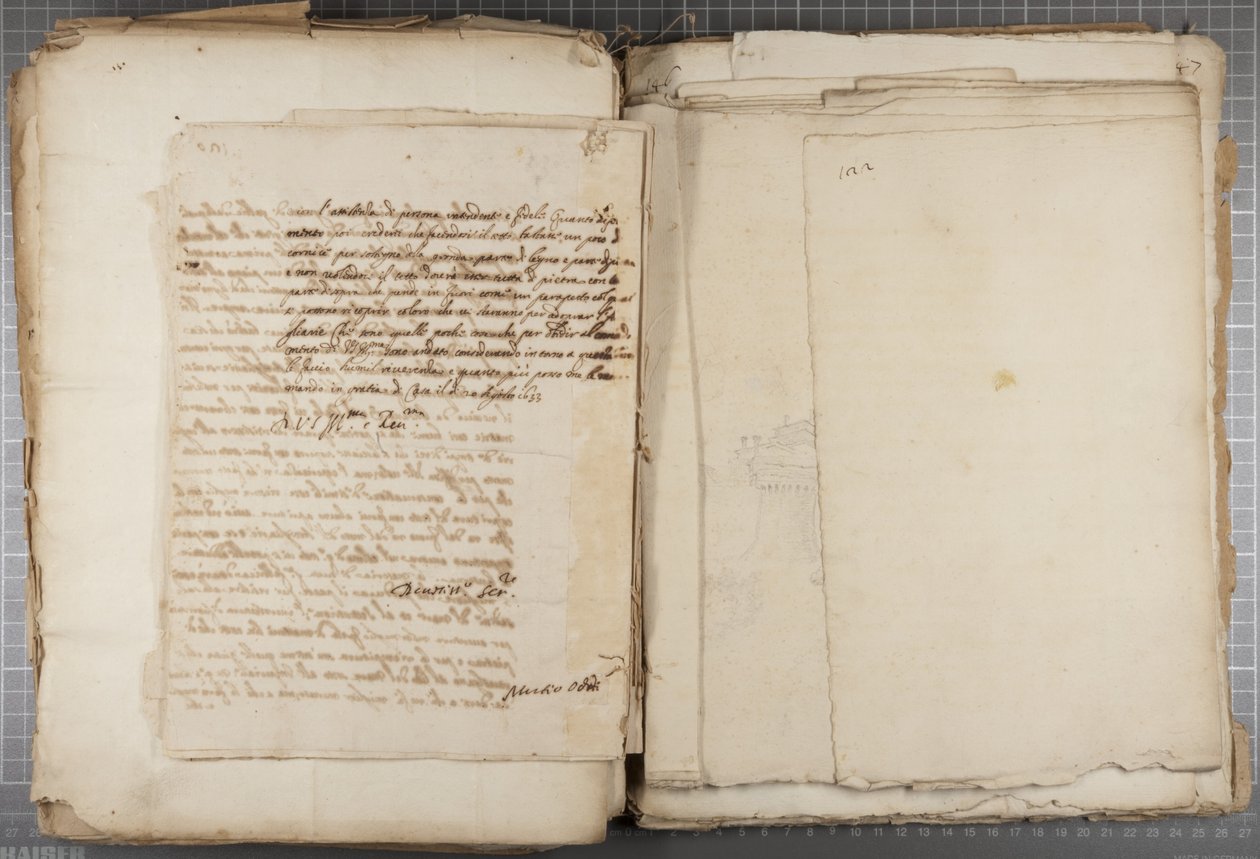 ウルビーノなどのムティオオディによるドローイングのポートフォリオ、p120、verso、c.1635-40（製本された紙にペンとインク） 作： ムジオ・オッディ
