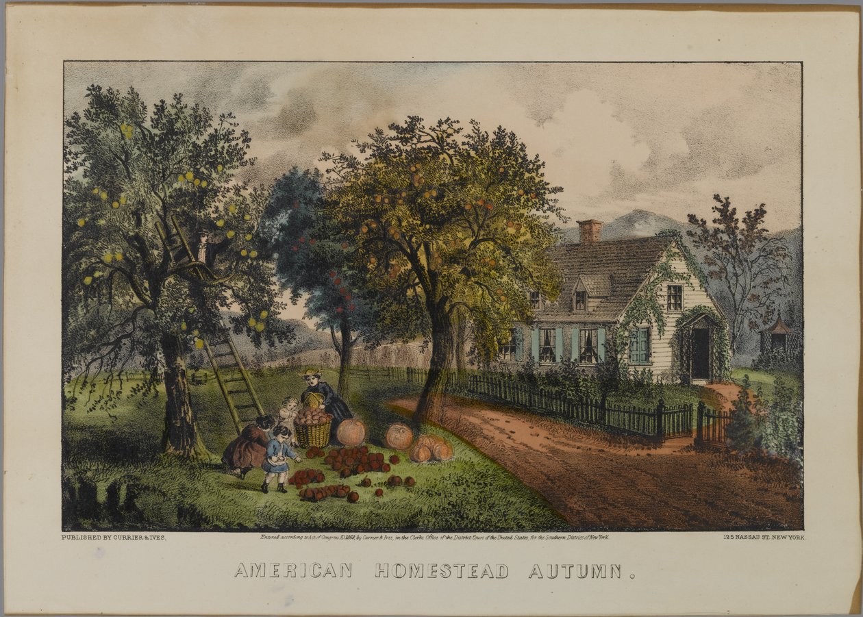 アメリカンホームステッド秋、1868-69年（手彩色のリソ） 作： N. and Ives、JM Currier