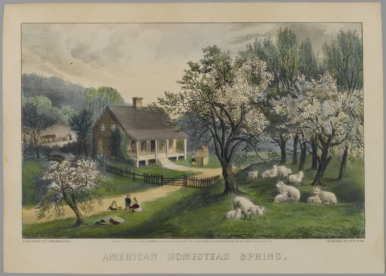 アメリカンホームステッドスプリング、1868-69年（手彩色のリソ） 作： N. and Ives、JM Currier