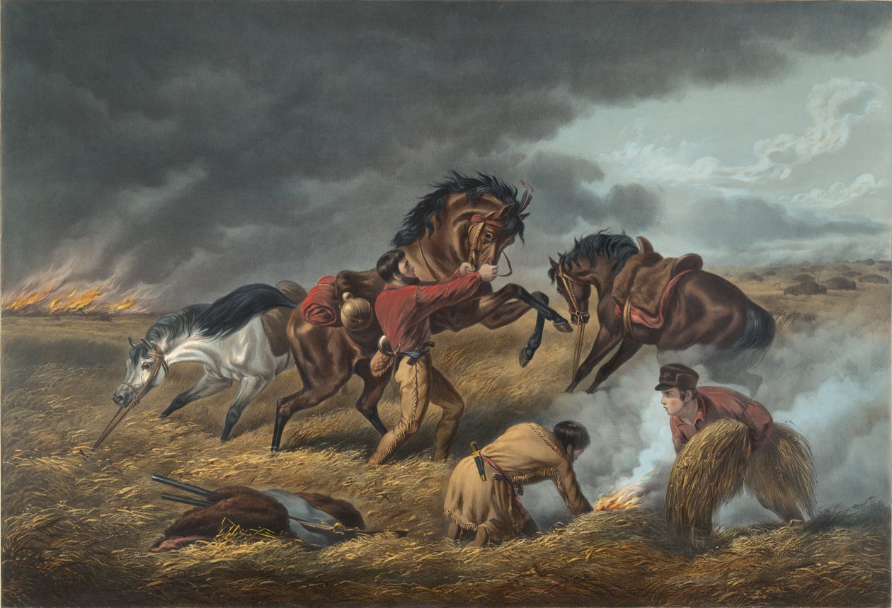 大草原での生活：トラッパーズの防衛、「火の戦い火、1862 作： N. and Ives、JM Currier