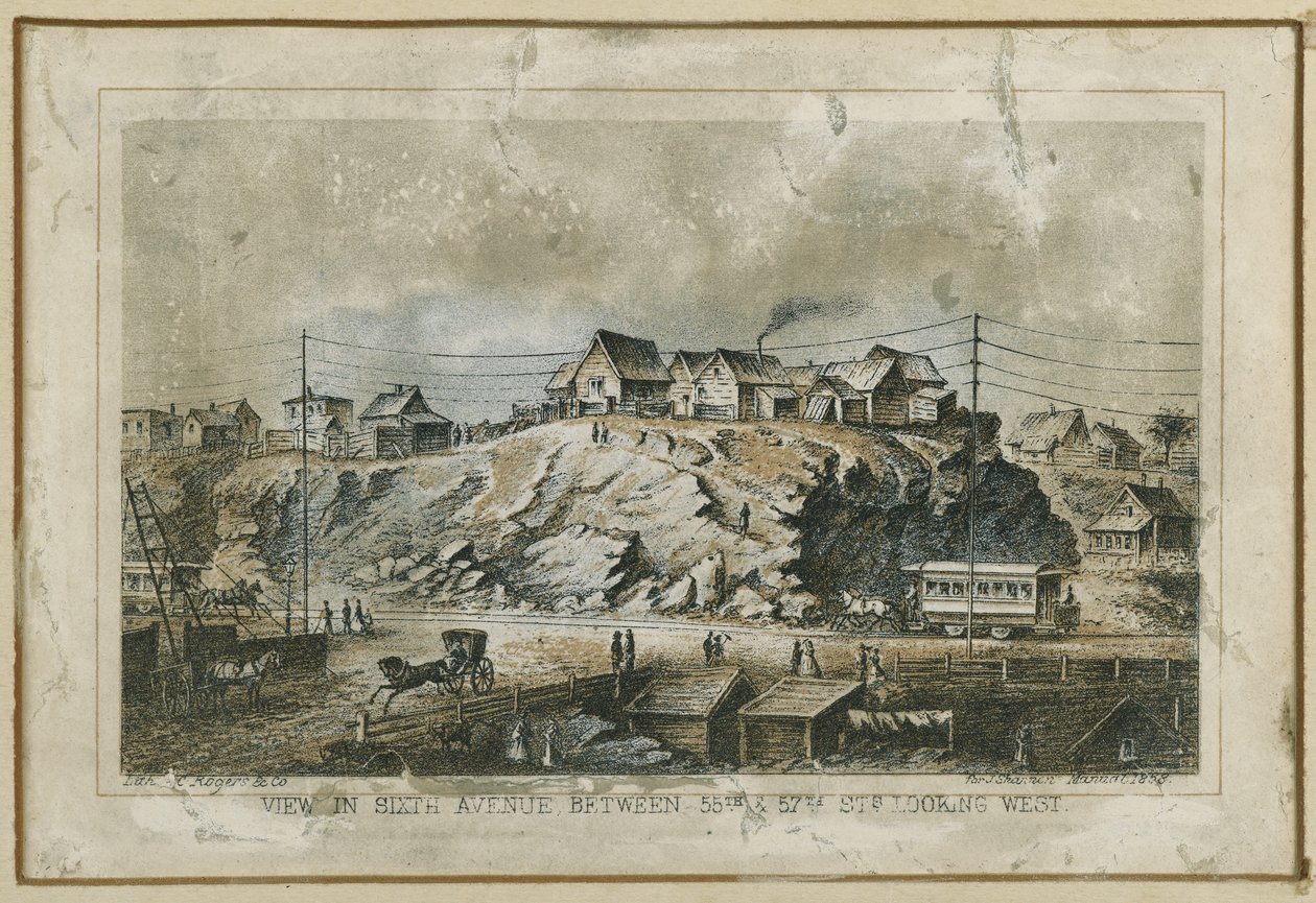 1858年に西を望む55番街と57番街の間にあるシックスアベニューの眺め 作： N. and Ives、JM Currier