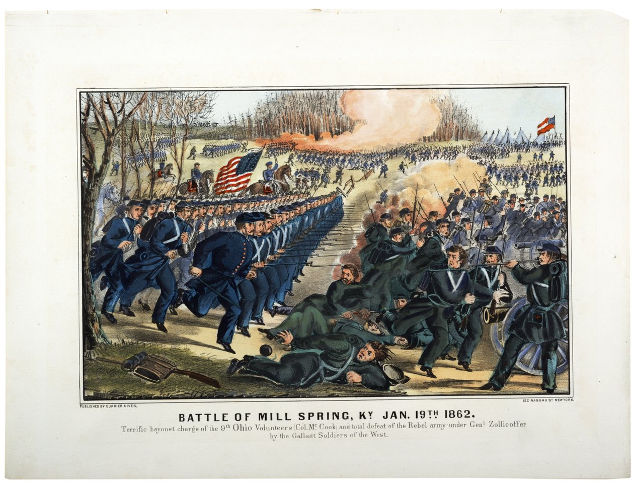 1862年1月19日、ケンタッキー州ミルスプリングの戦い 作： N. and Ives、JM Currier