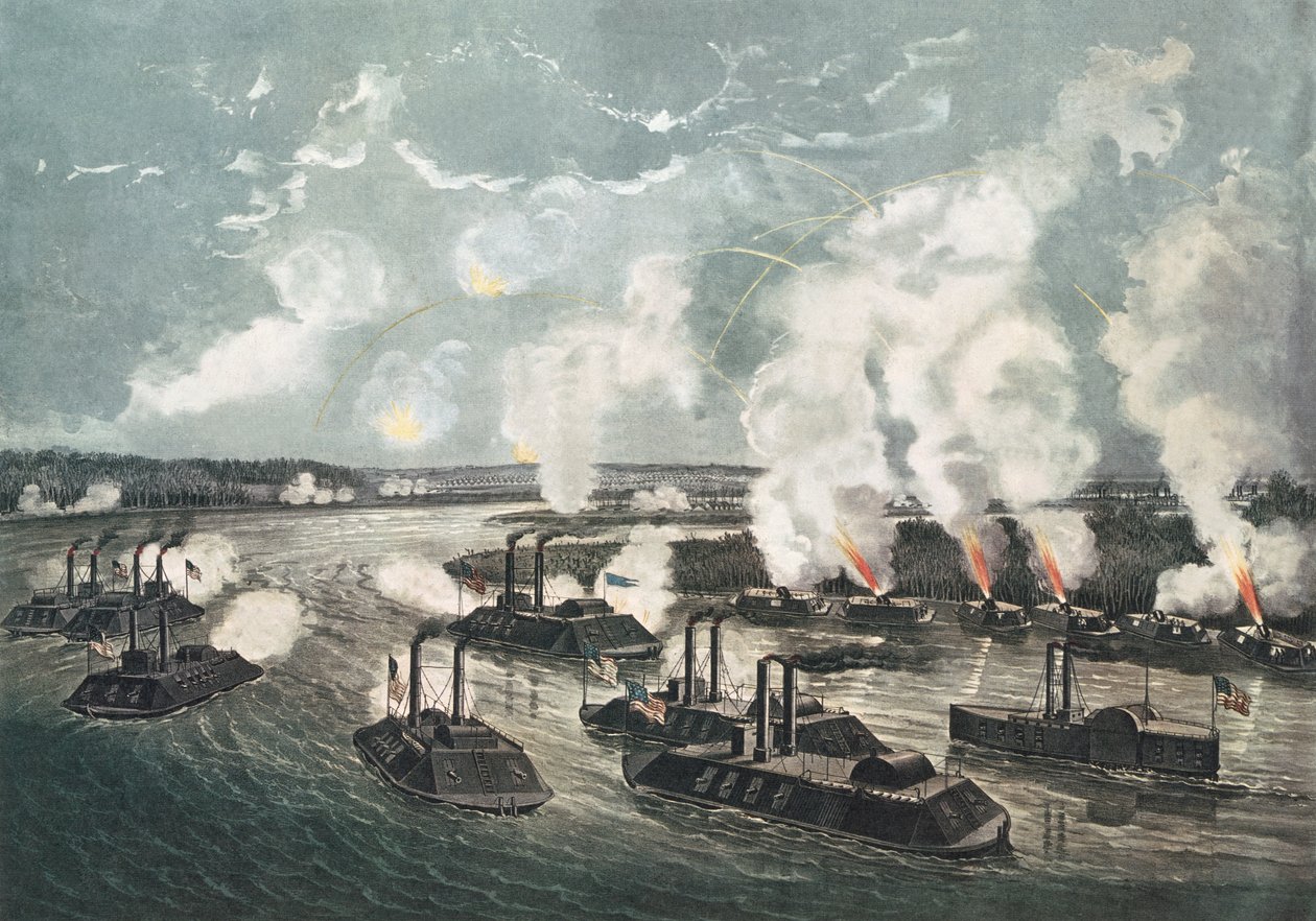 1862年4月7日、ミシシッピ川の第10島の砲撃と捕獲 作： N. and Ives、JM Currier