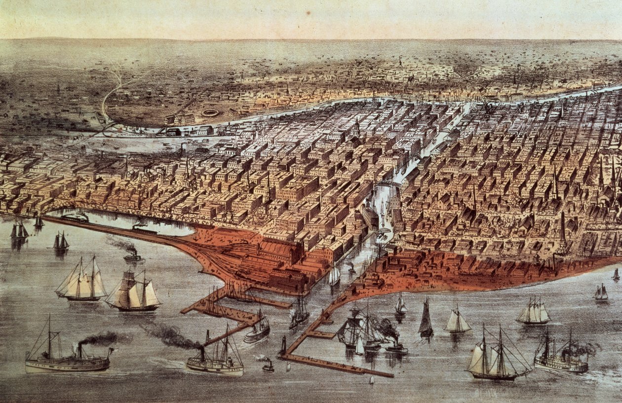 シカゴの現状、1880年頃 作： N. and Ives、JM Currier