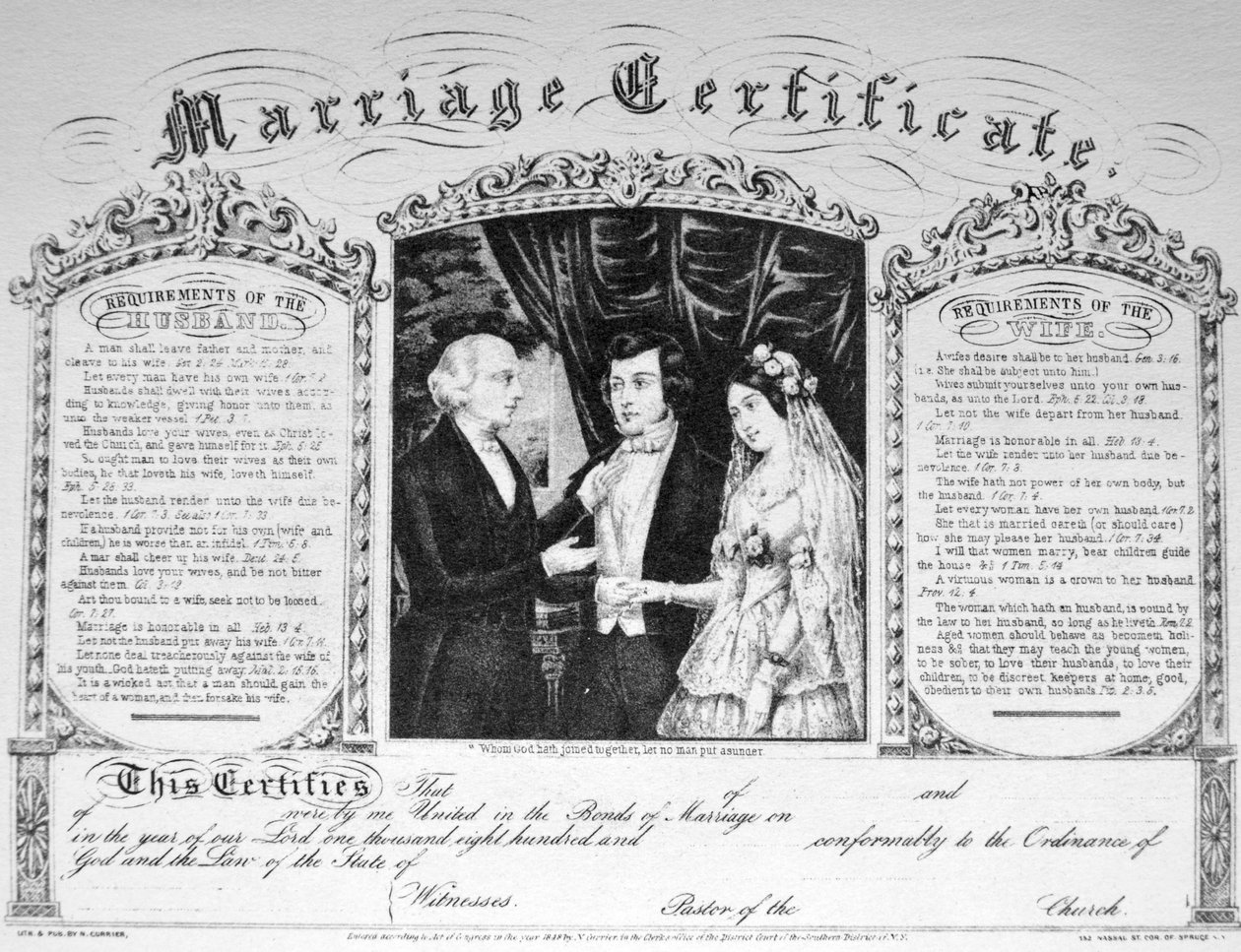 Currier＆Ivesイラスト19世紀。結婚証明書 作： N. and Ives、JM Currier