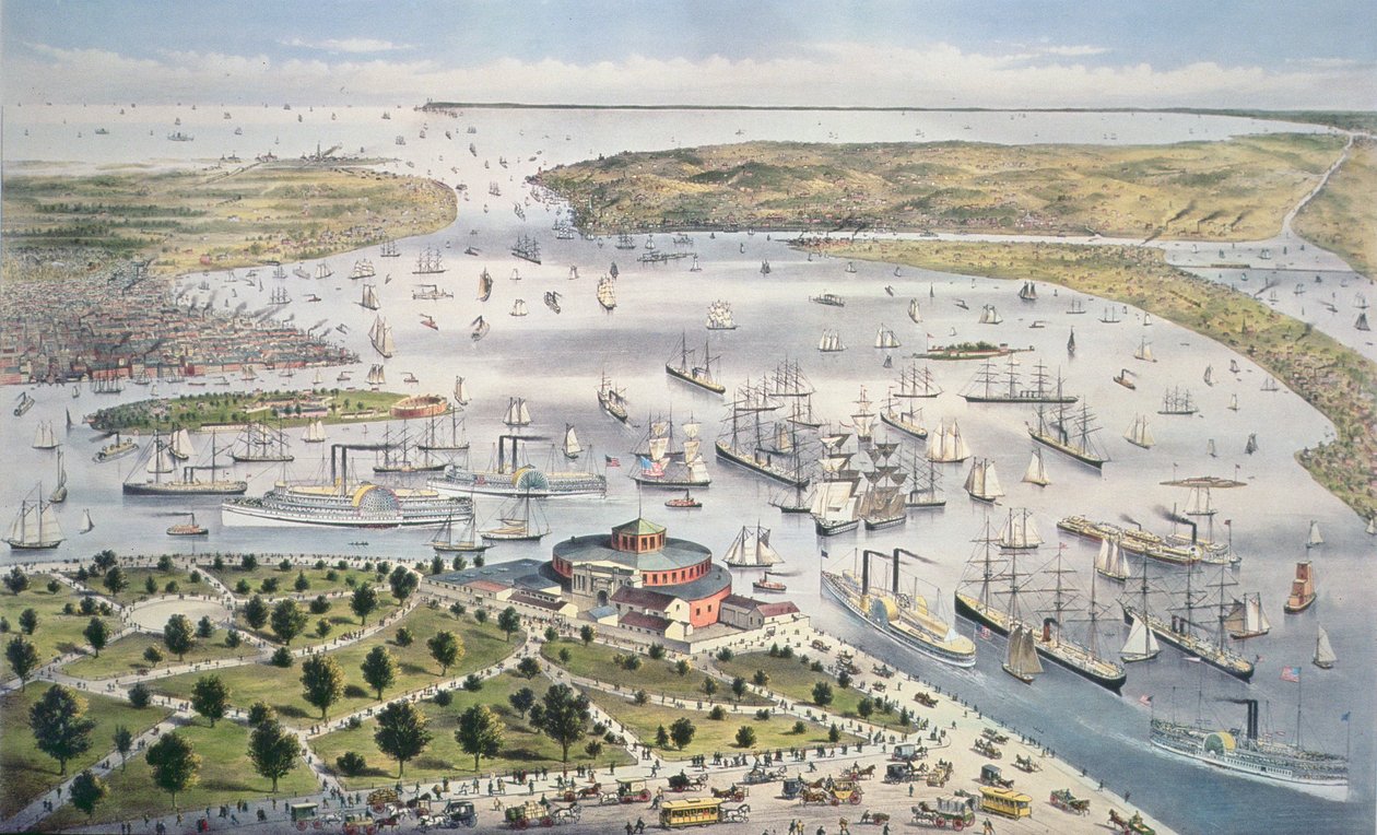 ニューヨーク港、南向き、1880年頃 作： N. and Ives、JM Currier