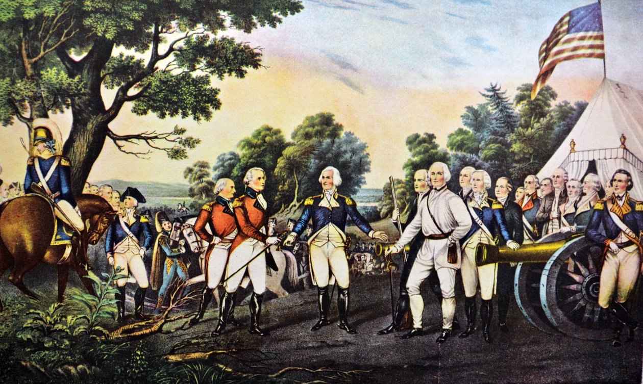 1777年10月17日、サラトガニューヨークでバーゴイン将軍降伏 作： N. and Ives、JM Currier
