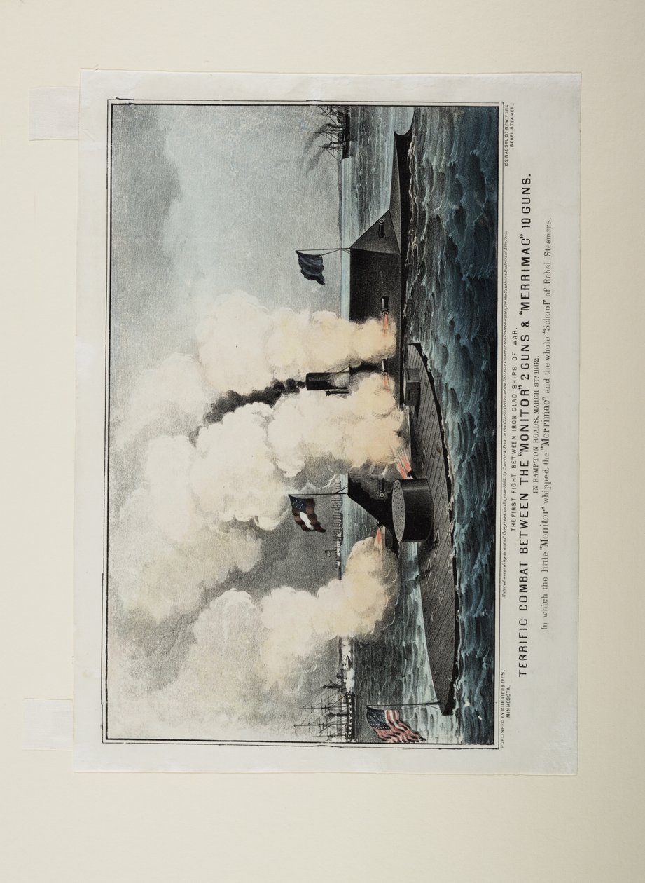 モニター2門とメリマック10門の素晴らしい戦闘、1862年 作： N. and Ives、JM Currier