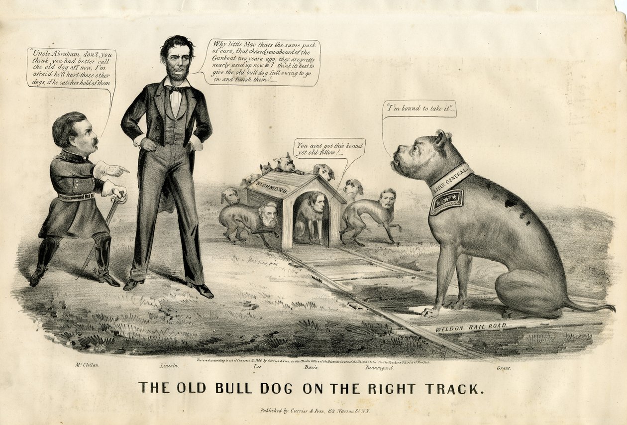 1864年の正しい軌道に乗ったブルドッグ 作： N. and Ives、JM Currier
