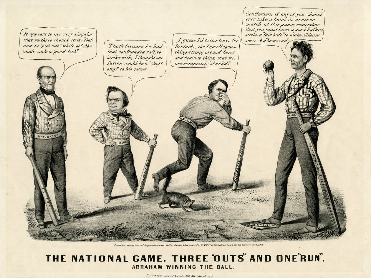 ナショナルゲーム：スリーアウトとワンラン、アブラハムの勝利、1860 作： N. and Ives、JM Currier