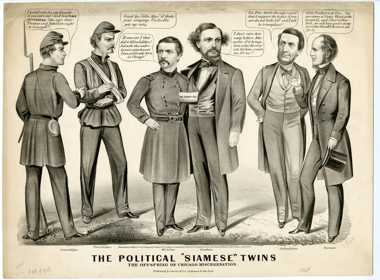 政治シャム双生児、シカゴの子孫の子孫、1864 作： N. and Ives、JM Currier