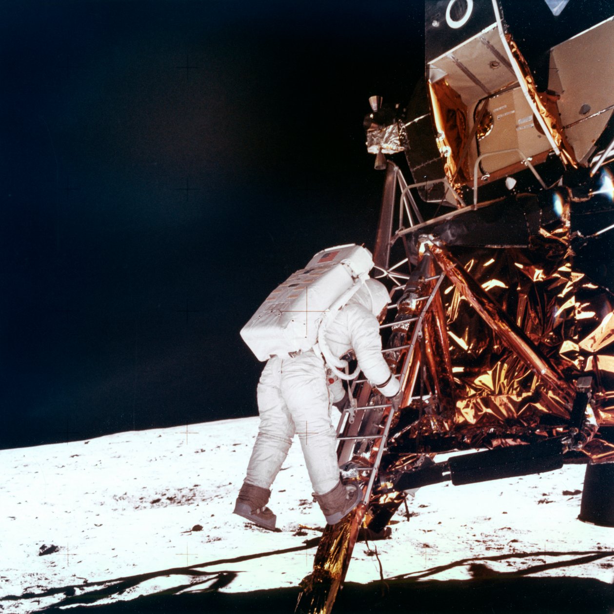 エドウィンバズアルドリンは、月面モジュールのはしごの階段を下って、1969年に月面を歩きます。 作： NASA画像