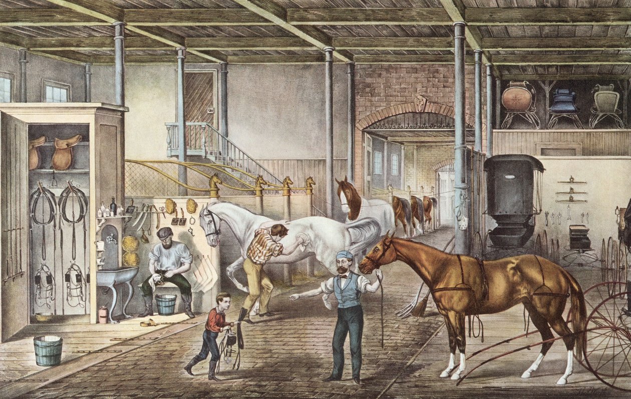 少年と花婿が馬の世話をする馬小屋の模型（1870年、カリアー＆イヴ著『アメリカ』より 作： N. and Ives JM (1824 95) Currier