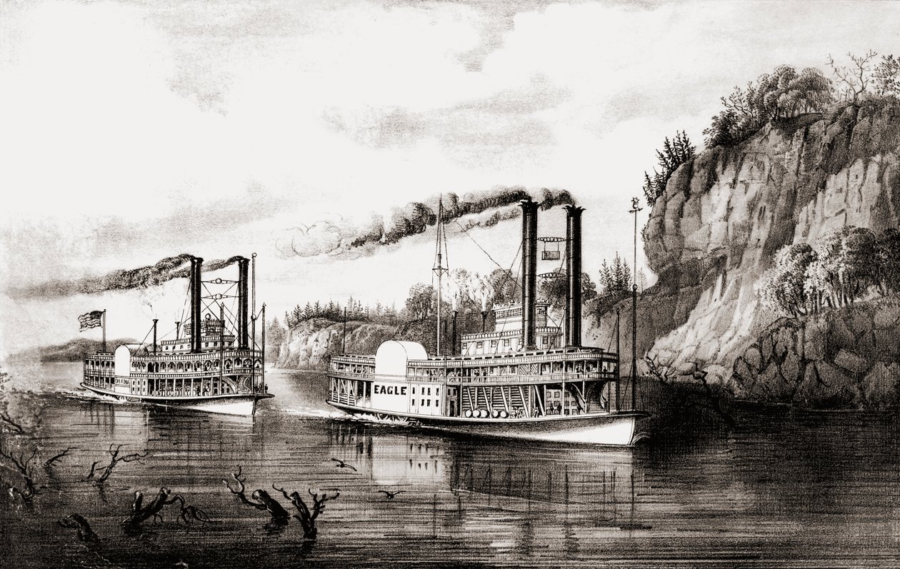 アメリカのミシシッピ川でレースをする蒸気船。 作： N. と Ives JM Currier