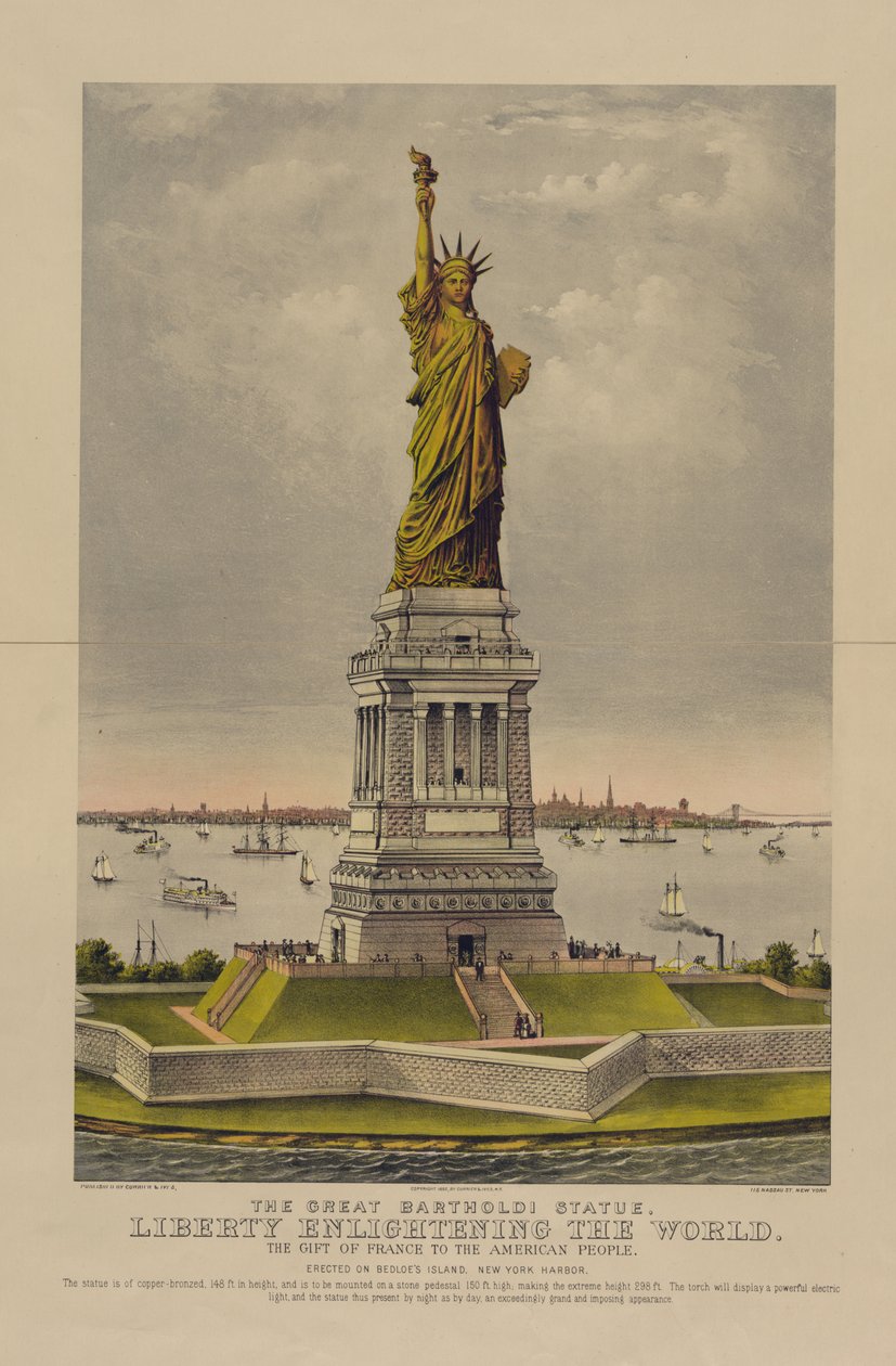 偉大なバルトルディ像、世界を啓発する自由、アメリカ人へのフランスの贈り物、1885年頃（クロモリトグラフ） 作： キュリアーとアイブス