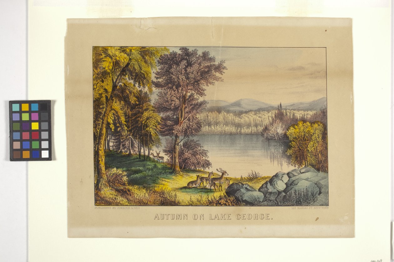 ジョージ湖の秋 (手描きのリトグラフ) 作： N. and Ives JM (1824 95) Currier