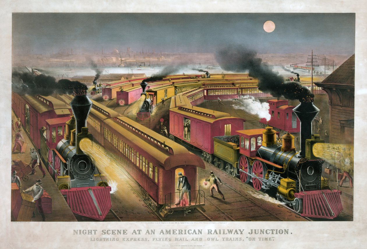アメリカの鉄道ジャンクションの夜景 by Currier & Ives 作： キュリアーとアイブス