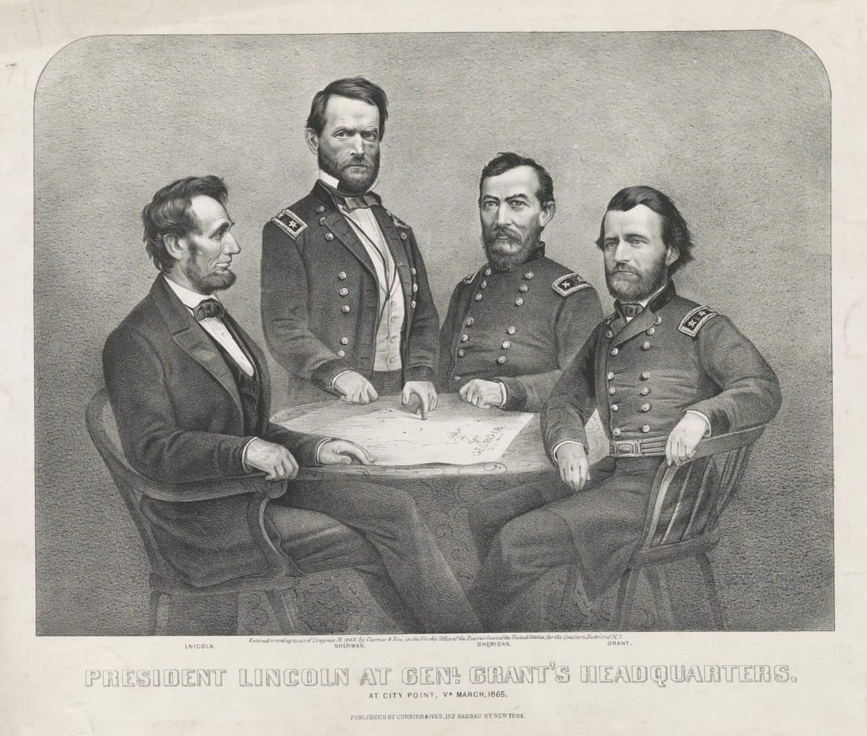 グラント元帥の本部でのリンカーン大統領（1865年頃）（リトグラフ 作： キュリアーとアイブス