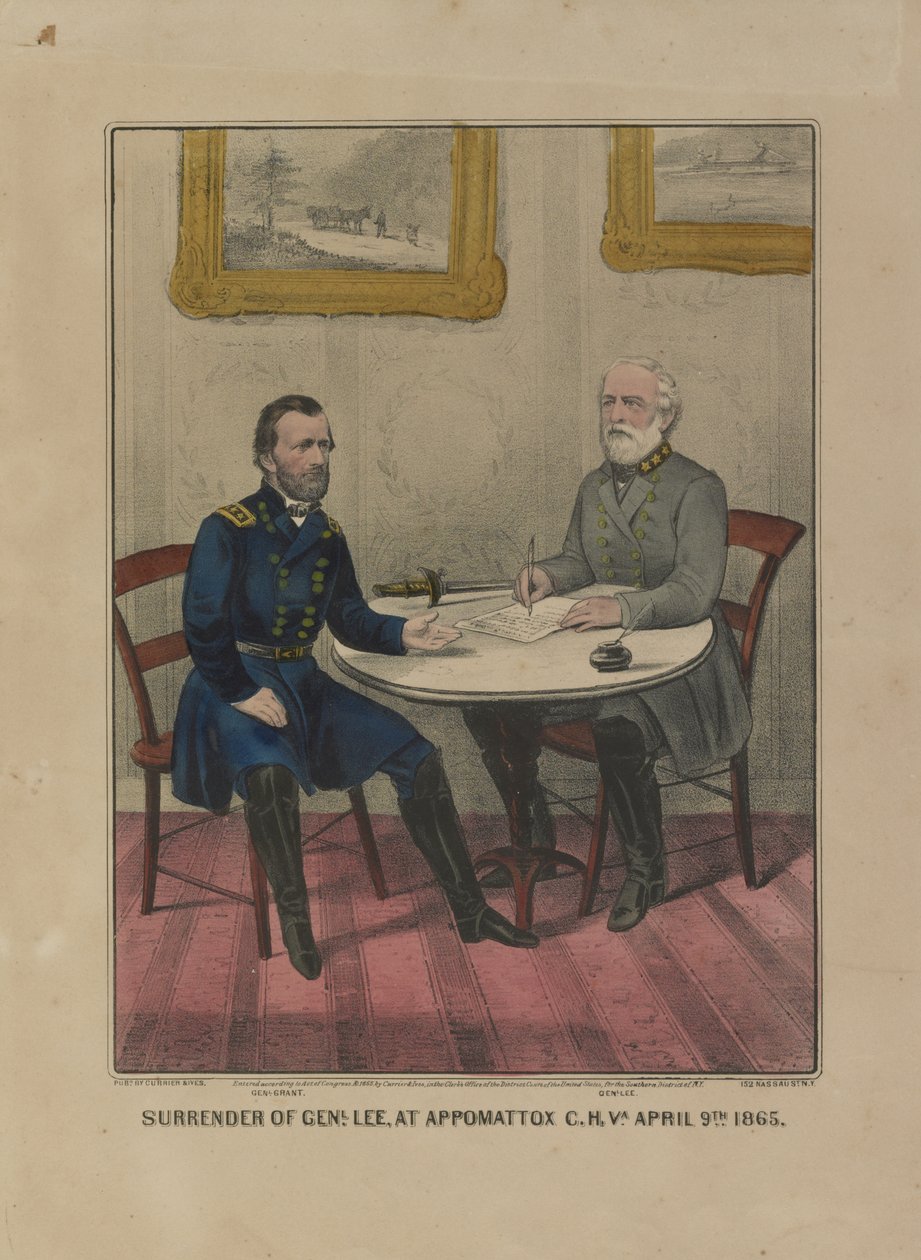 リー将軍の降伏、バージニア州アポマトックスC.H.にて。4月9日1865年（カラーリトグラフ 作： キュリアーとアイブス