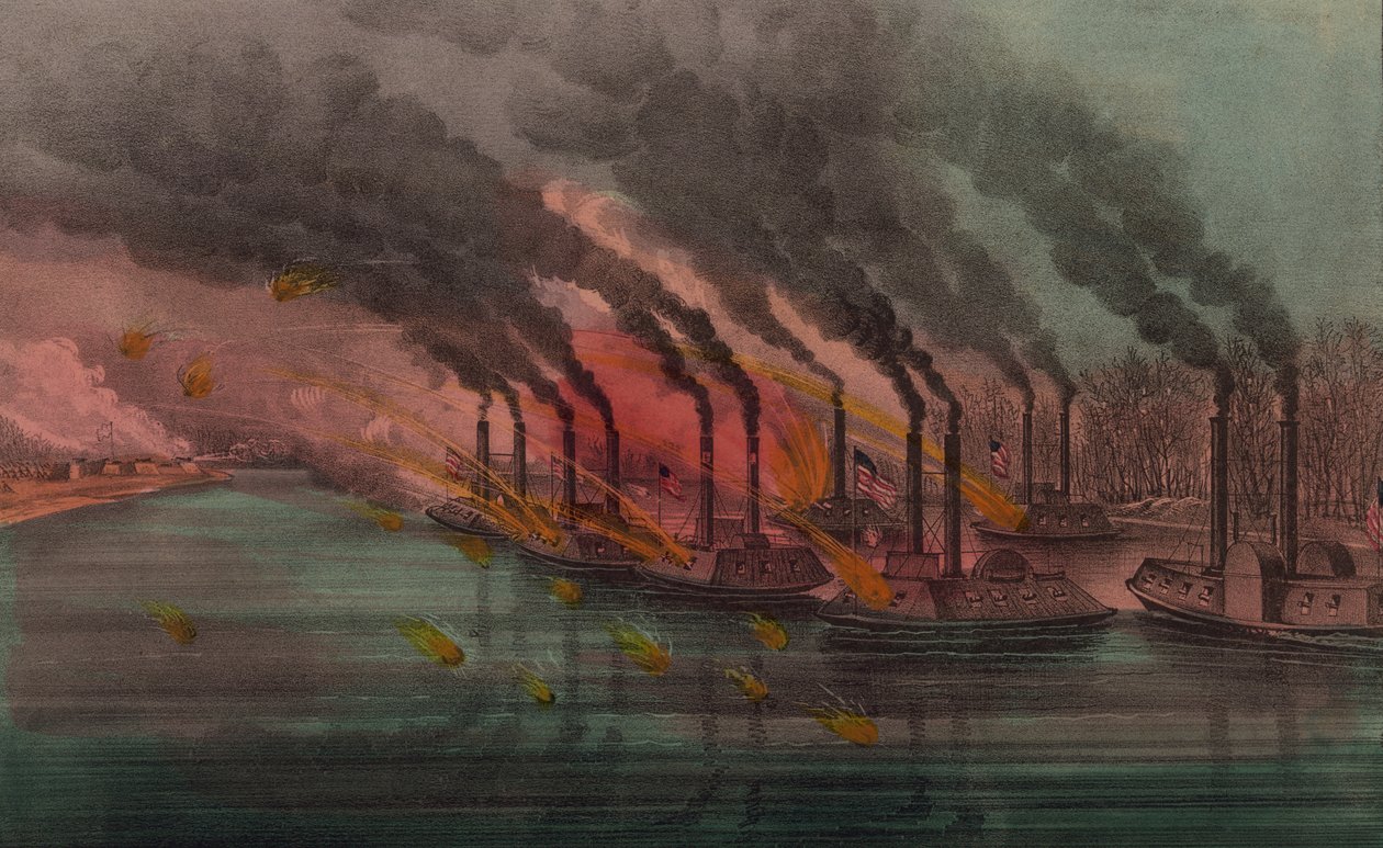 連邦軍の砲艦によるヘンリー砦の砲撃と捕獲、1862年 作： N. and Ives、JM Currier