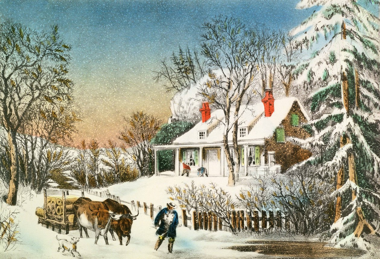 丸太を家に持ち帰る、冬の風景、19世紀 作： N. and Ives、JM Currier