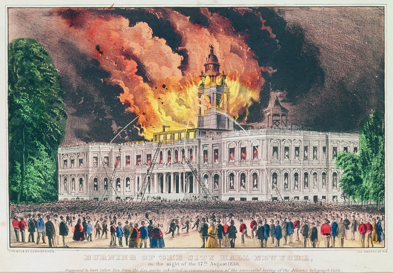 1858年8月17日の夜のニューヨーク市庁舎の焼却 作： N. and Ives、JM Currier