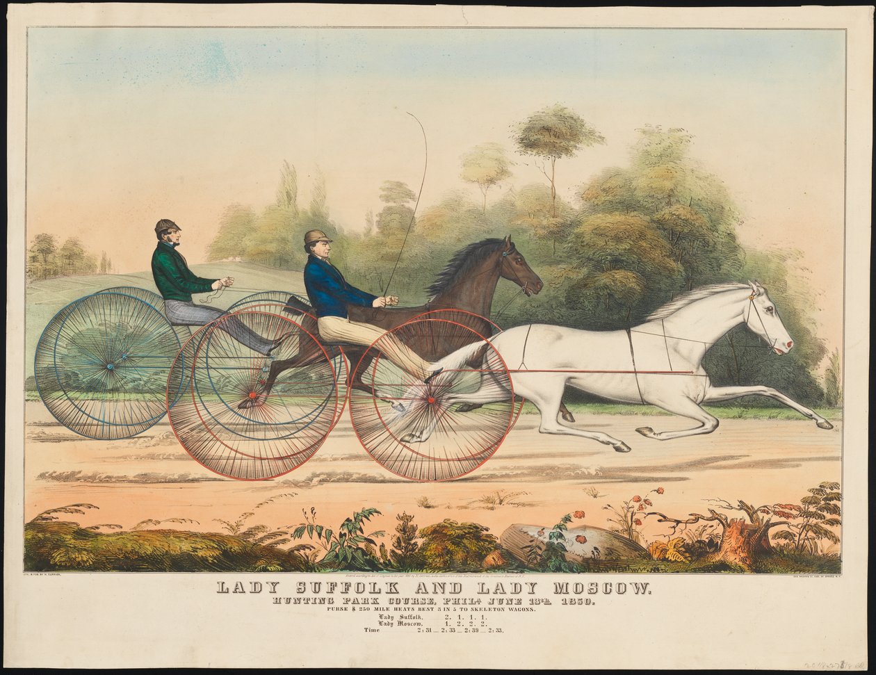 &39;Lady Suffolk&39; and &39;Lady Moscow&39;、Hunting Park Course、Philadelphia、6thth、1850（hand-coloured litho） 作： N. and Ives、JM Currier