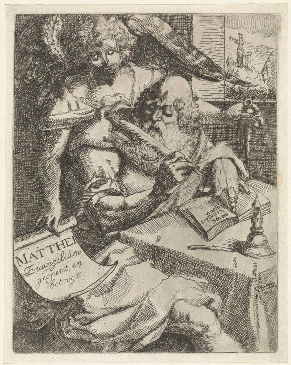 伝道者マタイ Mattei Evangelium が開き、議論します (オブジェクトのタイトル) タイトルページ: S. van Til, Het euangelium des H. apostles Matthæi (...) 簡潔なメモで開かれました, 1687 作： N.ヴァンティル