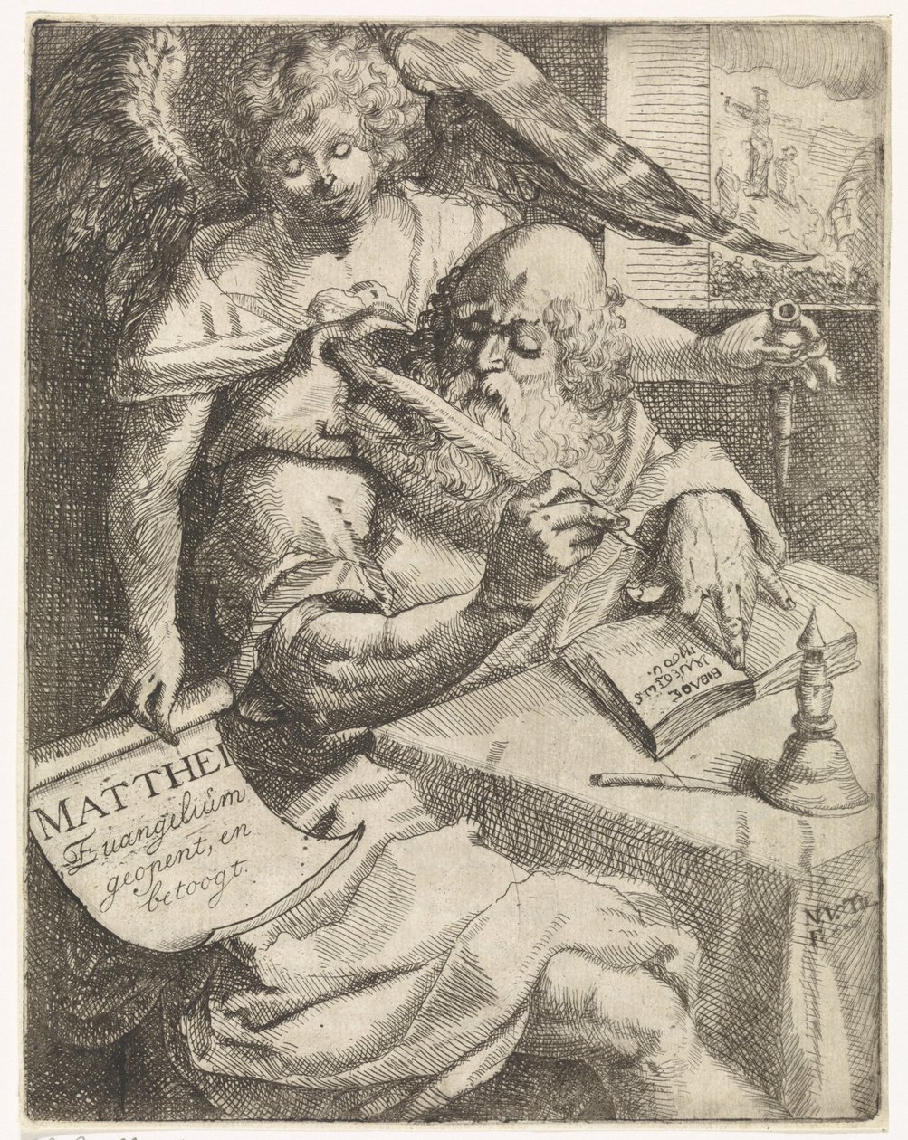伝道者マタイ Mattei Evangelium が開き、議論します (オブジェクトのタイトル) タイトルページ: S. van Til, Het euangelium des H. apostles Matthæi (...) 簡潔なメモで開かれました, 1687 作： N.ヴァンティル