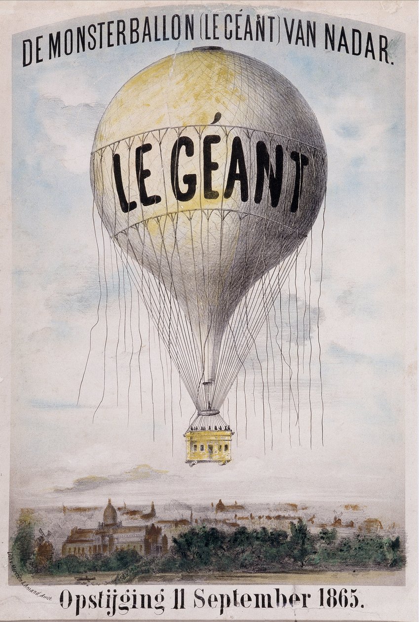 De Monsterballon (Le Giant) van Nadar Opstijging 1865年9月11日。9月11日に行われるボール「ザ・ジャイアント」の巻き戻しのためのオランダの広告 作： ナダール