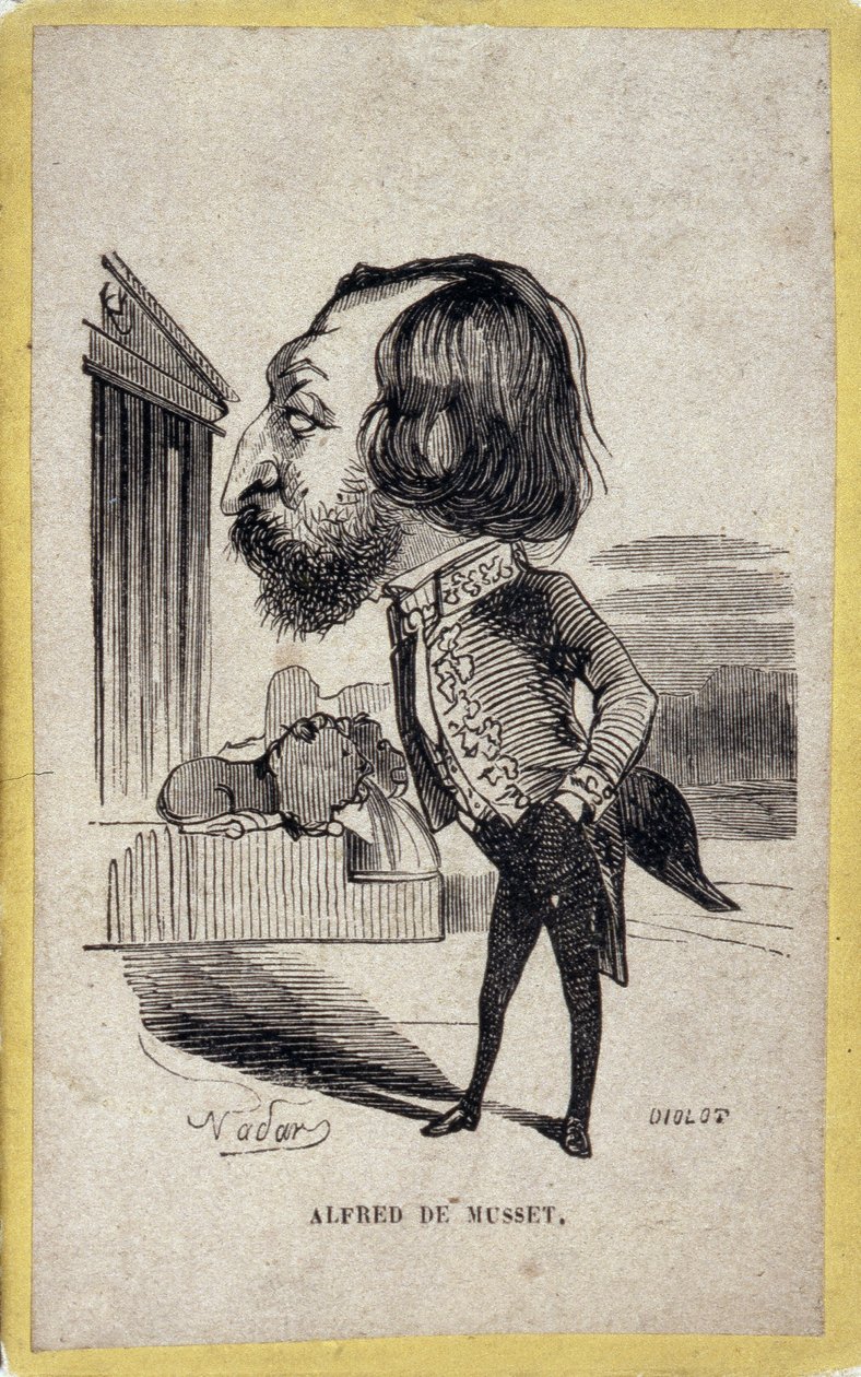 フランスの詩人・劇作家、アルフレッド・ド・ミュッセ（1810-1857）のポートレート・チャージ。ガスパード・フェリックス・トゥルナション（フェリックス・ナダール）（1820-1910）の漫画。 作： ナダール