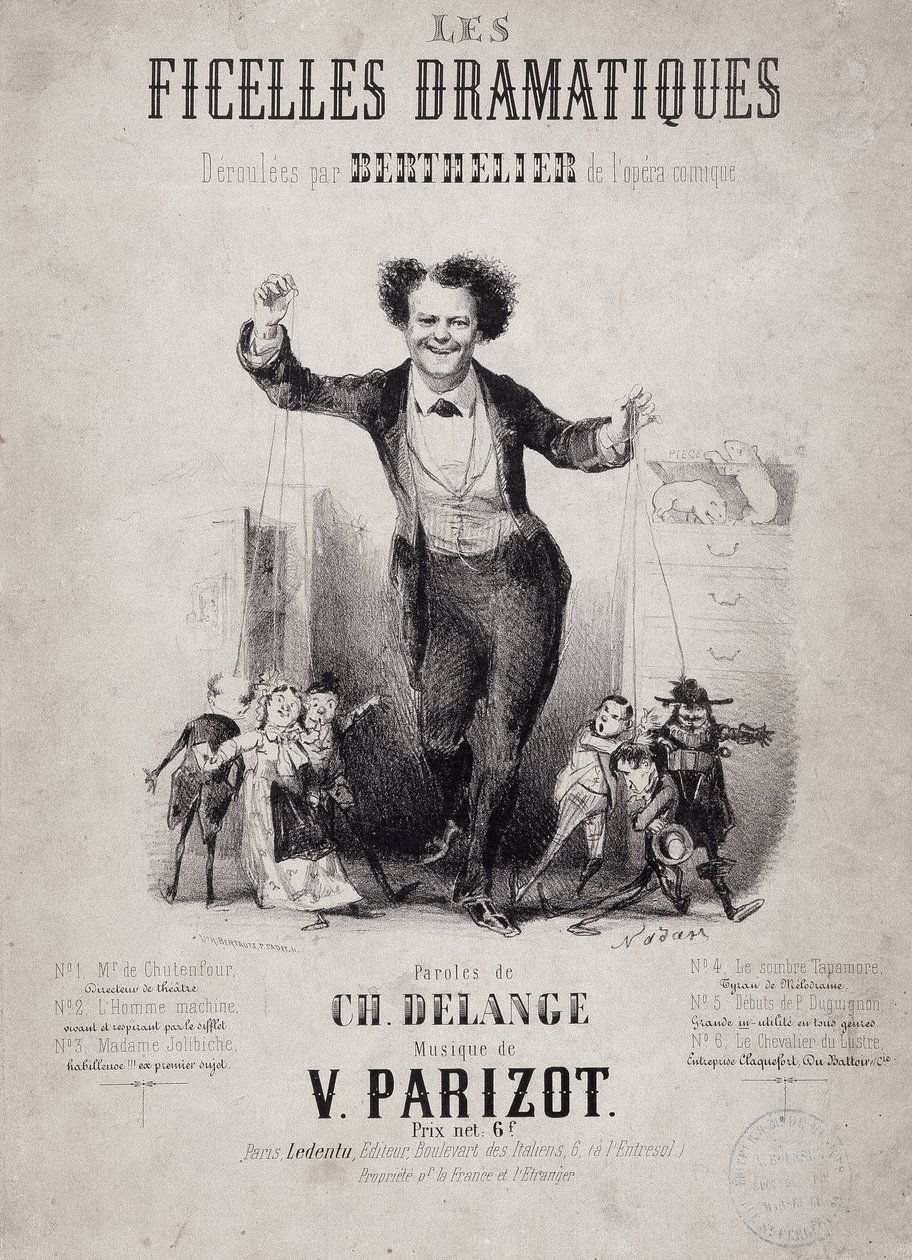 操り人形の息子たちを抱えるジャン・ベルトリエ（1830-1888）の肖像。アルバム "Les Ficelles Dramatiques deroulees by Berthelier de l