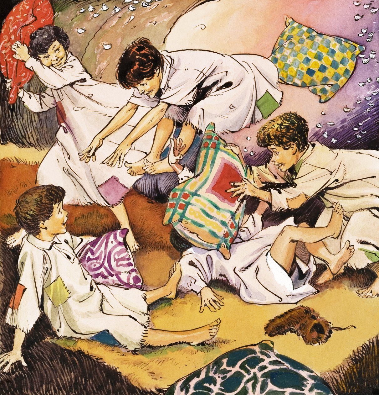 J.M.バリの「ピーター・パン」の挿絵「A Pillow Fight」（紙にグワッシュ） 作： ナディール・クイント