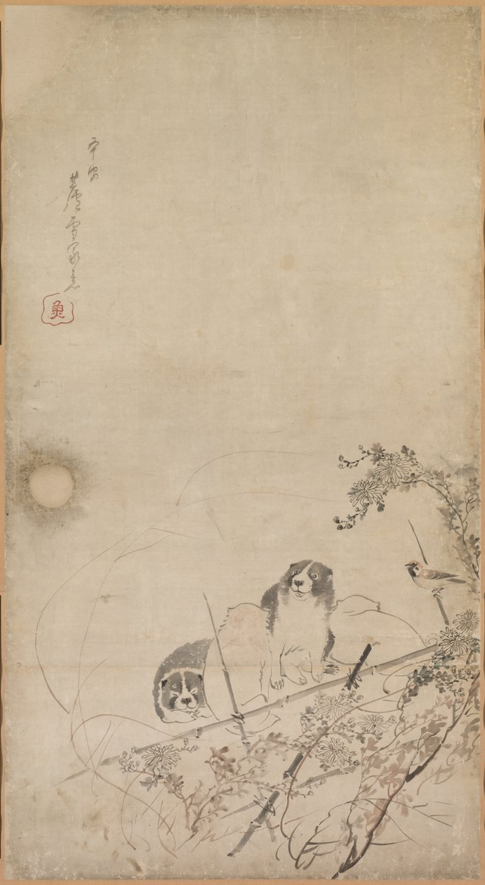 子犬、スズメ、菊、1754年から1799年。 作： 長沢ロゼツ