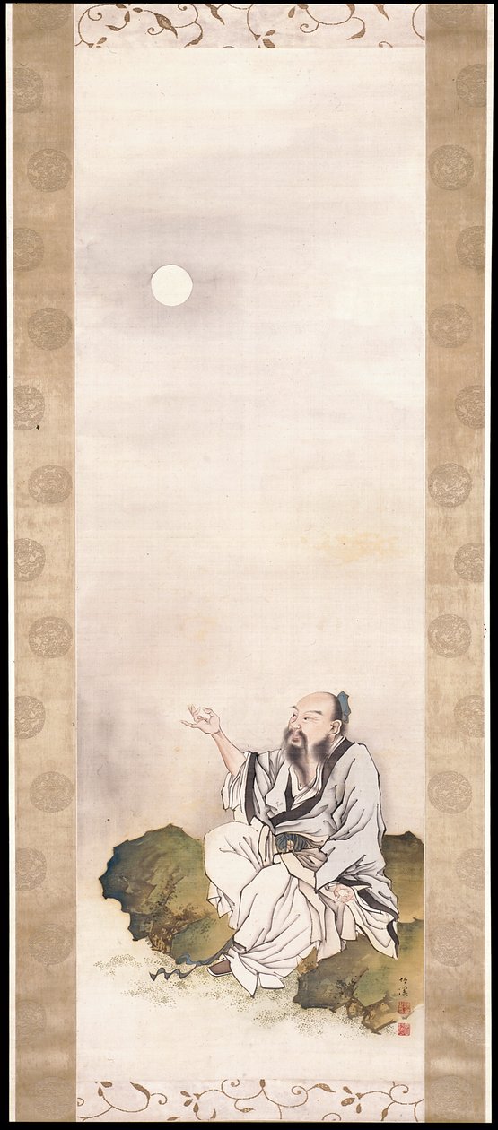 月を見る紳士（シルクにインクと色） 作： 中林 ちっけい