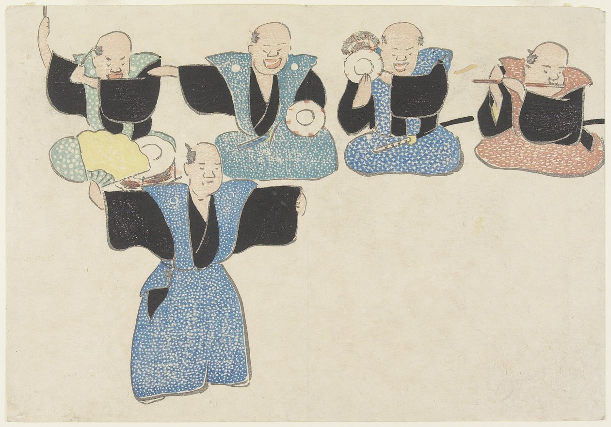 ダンサーと4人のミュージシャン、18〜19世紀（カラー木版画） 作： 中村法中