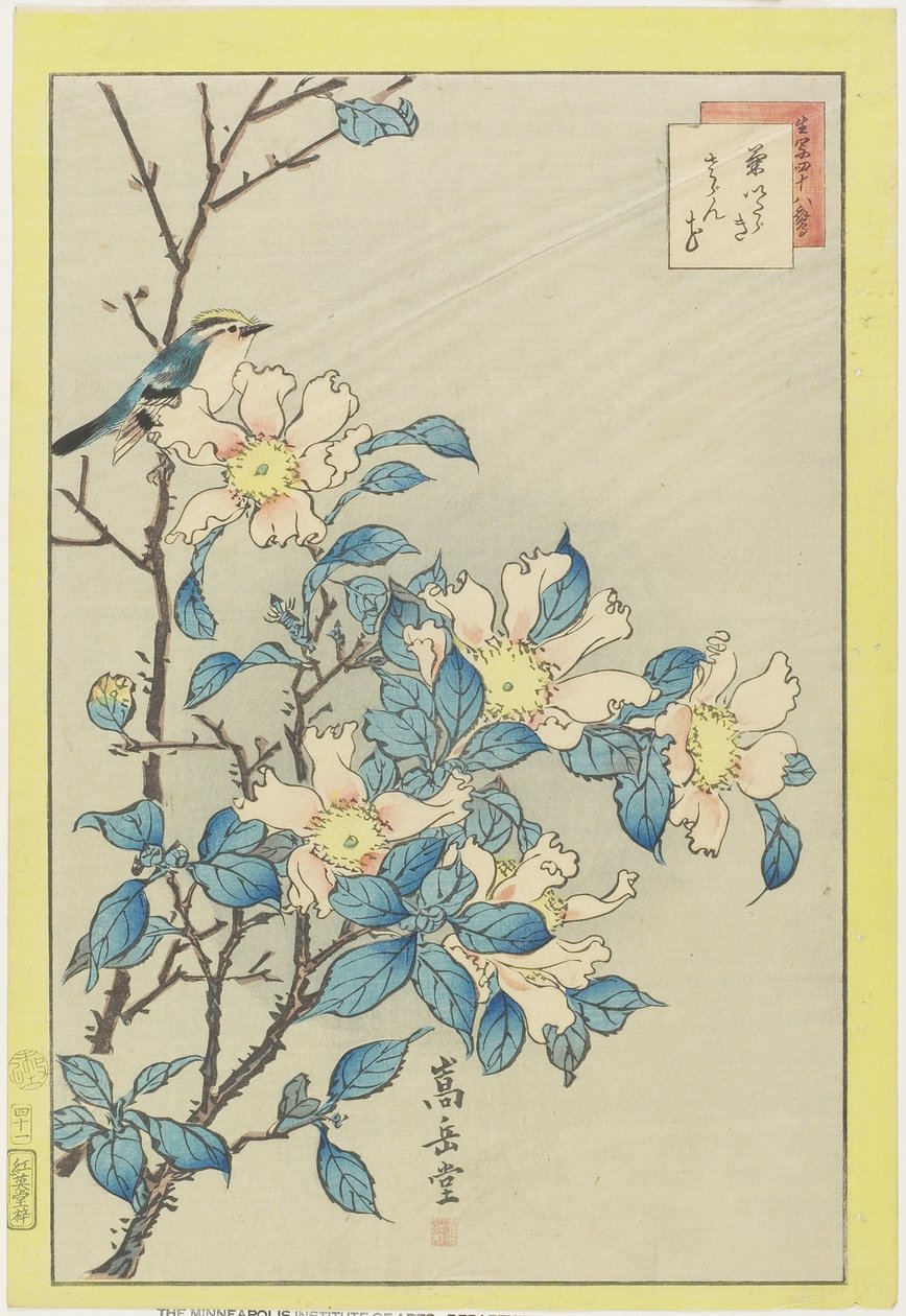 青い鳥とピンクの花、1859（カラー木版印刷） 作： 中山菅堂