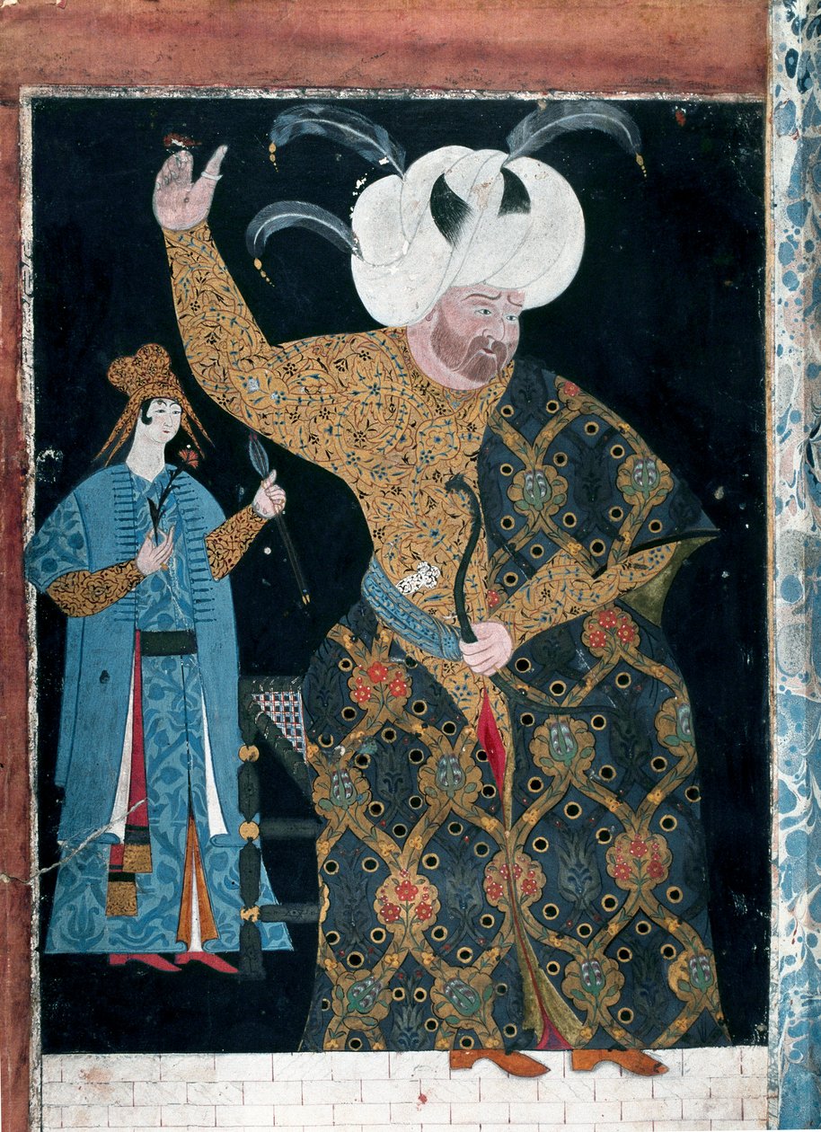 オスマン帝国：「飲んだくれ、金髪のサリと呼ばれるスルタン・セリム2世（1524-1574）の肖像」Reis Haydar Nakkep dit Nigari（1494-1572）とされる水彩画（TKS 2134, fol.3 b） Istanbul, Topkapi Seray 作： NakkepはNigariReisHaydarと呼ばれます